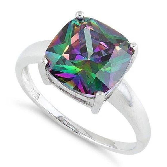 Sterling Silver Cushion Cut Rainbow Mystic Topaz Ring New - Picture 1 of 7